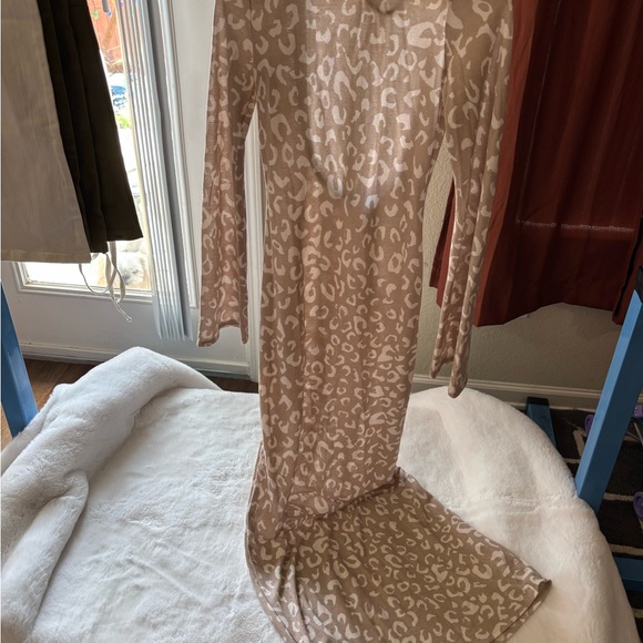 Long Sleeve Notch Neck Leopard Print Maxi A-Line Dress main image 1